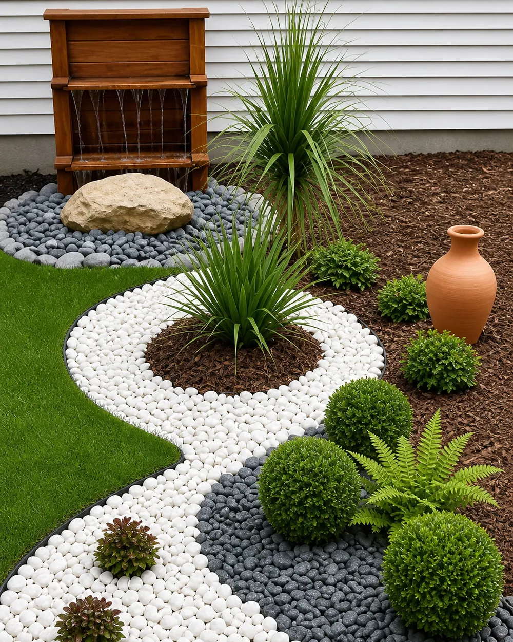 Fuente de agua con tinaja y piedras naturales