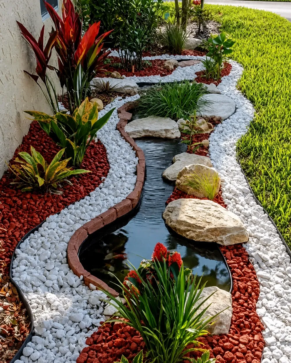 Estanque decorativo integrado con gravas y plantas